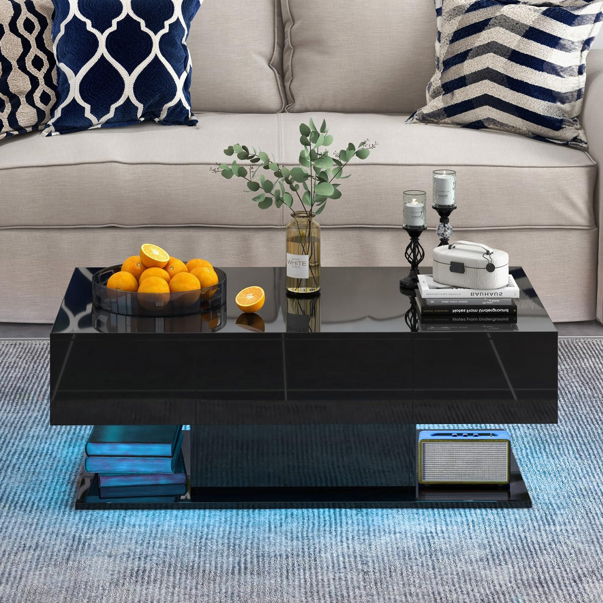 LED Coffee Table with 2 Drawers, High Glossy Modern Center Table