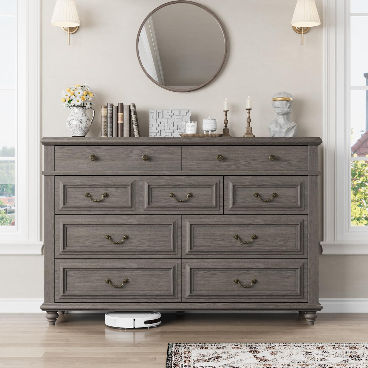 Grey Farmhouse 9 Drawer Dresser for Bedroom - Big Double Wooden Dresser Chest