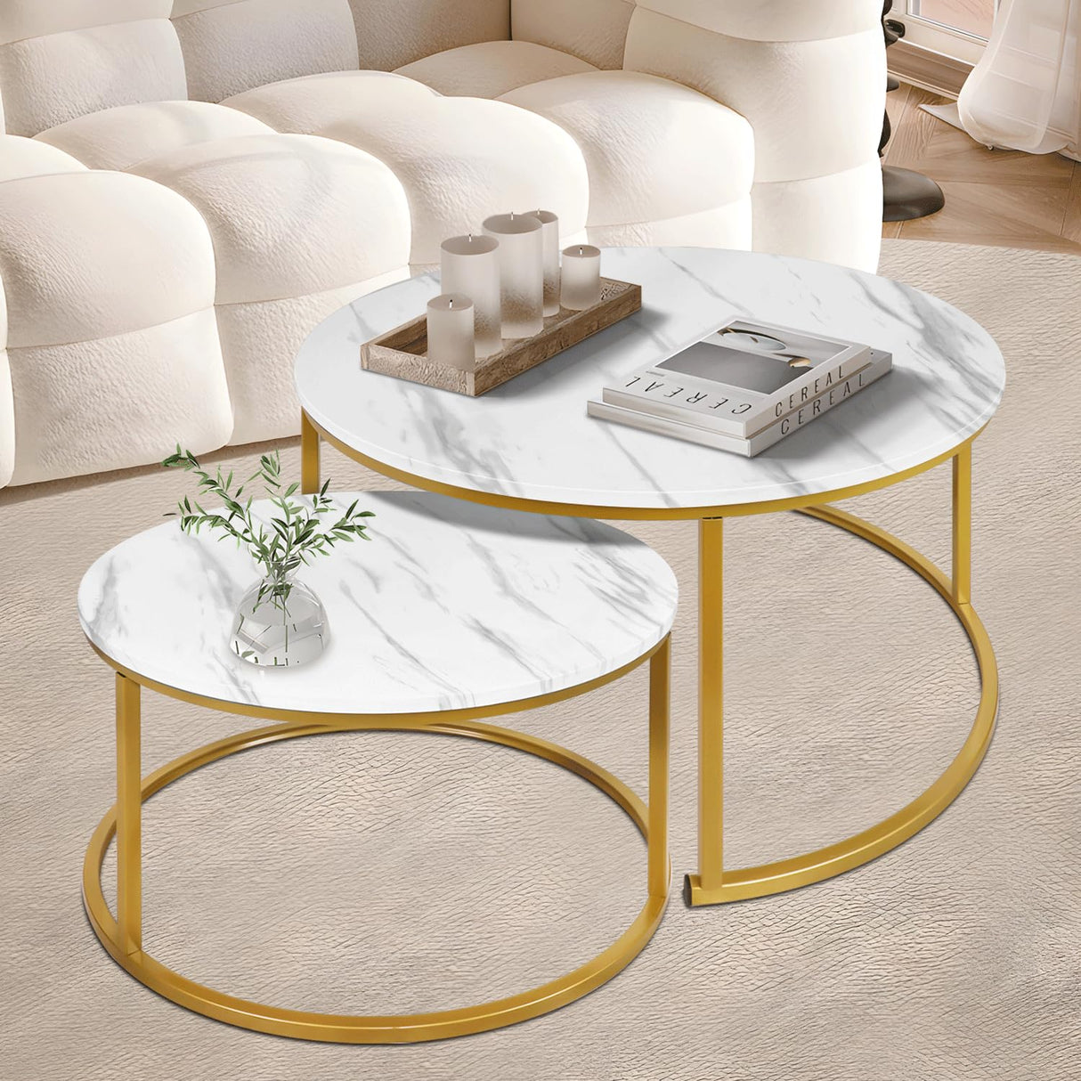Round Coffee Table Set of 2, Nesting Marble Coffee Tables Accent Side Tables