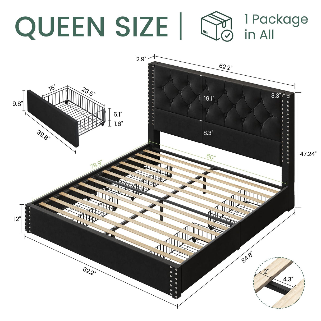 LARMACE Queen Size Upholstered Bed Frame with Storage Velvet Platform Tufted Bed Frame with 4 Drawers and Headboard, Wood Slats Support, No Box Spring Required, Noise-Free, Black