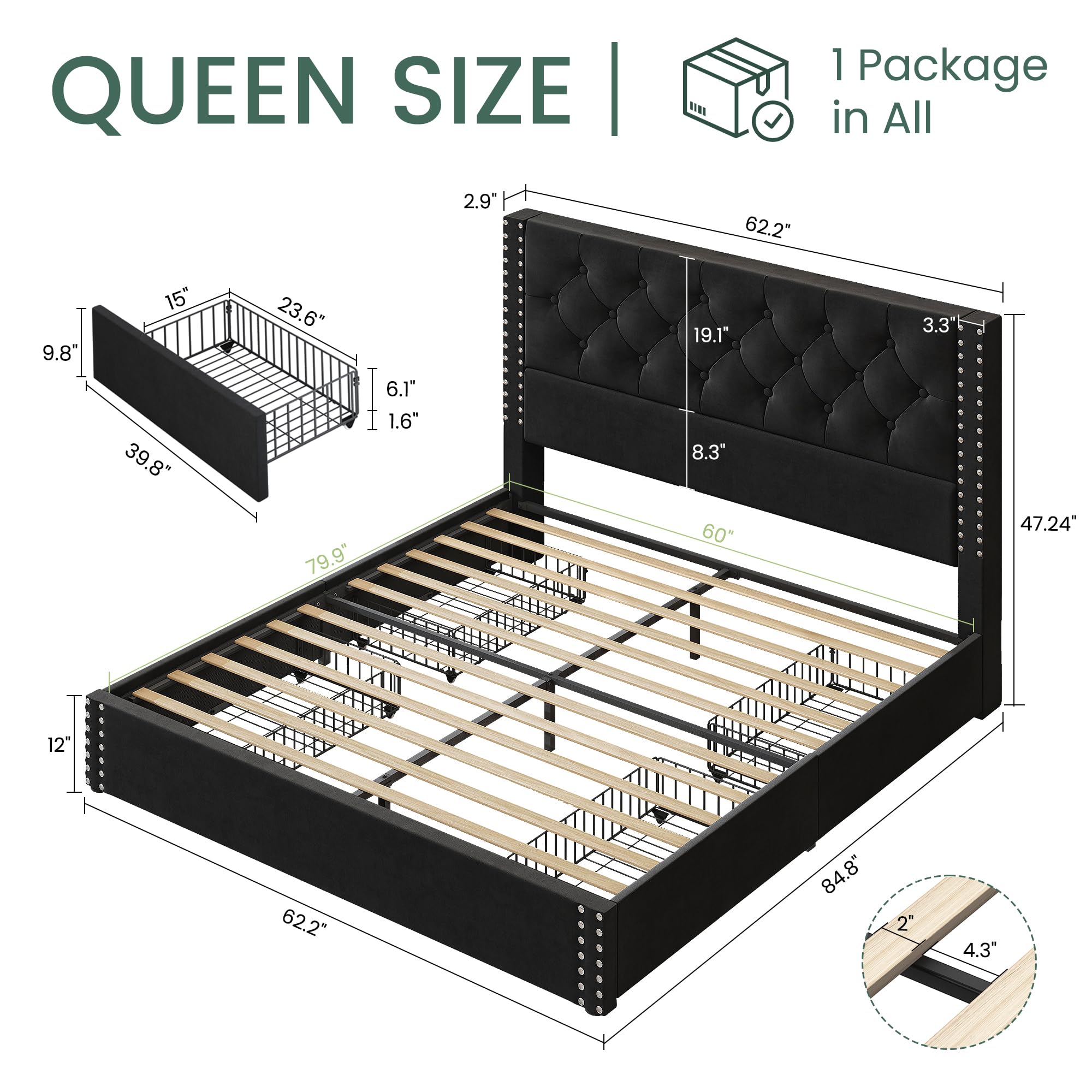 LARMACE Queen Size Upholstered Bed Frame with Storage Velvet Platform Tufted Bed Frame with 4 Drawers and Headboard, Wood Slats Support, No Box Spring Required, Noise-Free, Black
