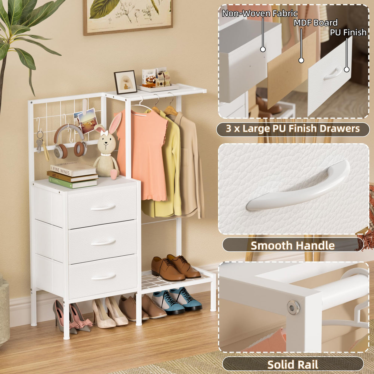 Small Dresser with Hanging Rack, Kids Dresser with 3 Drawers&4 Hooks for Grid Panel,