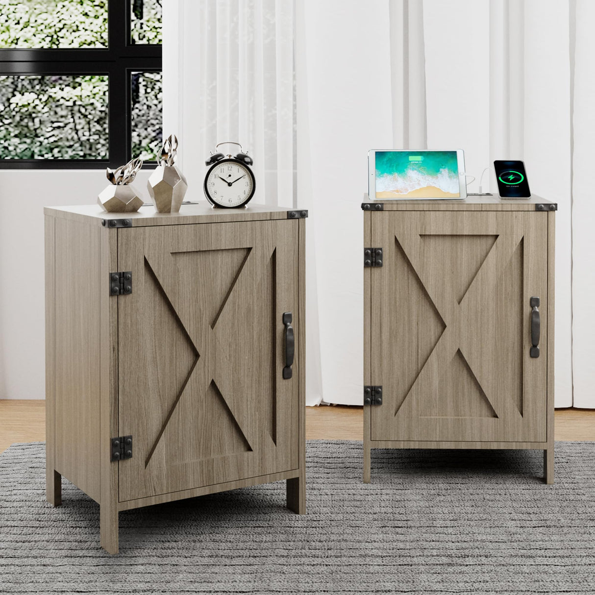 Farmhouse Nightstands Set of 2 with Charging Station, Wood Night Stands Bedside Table