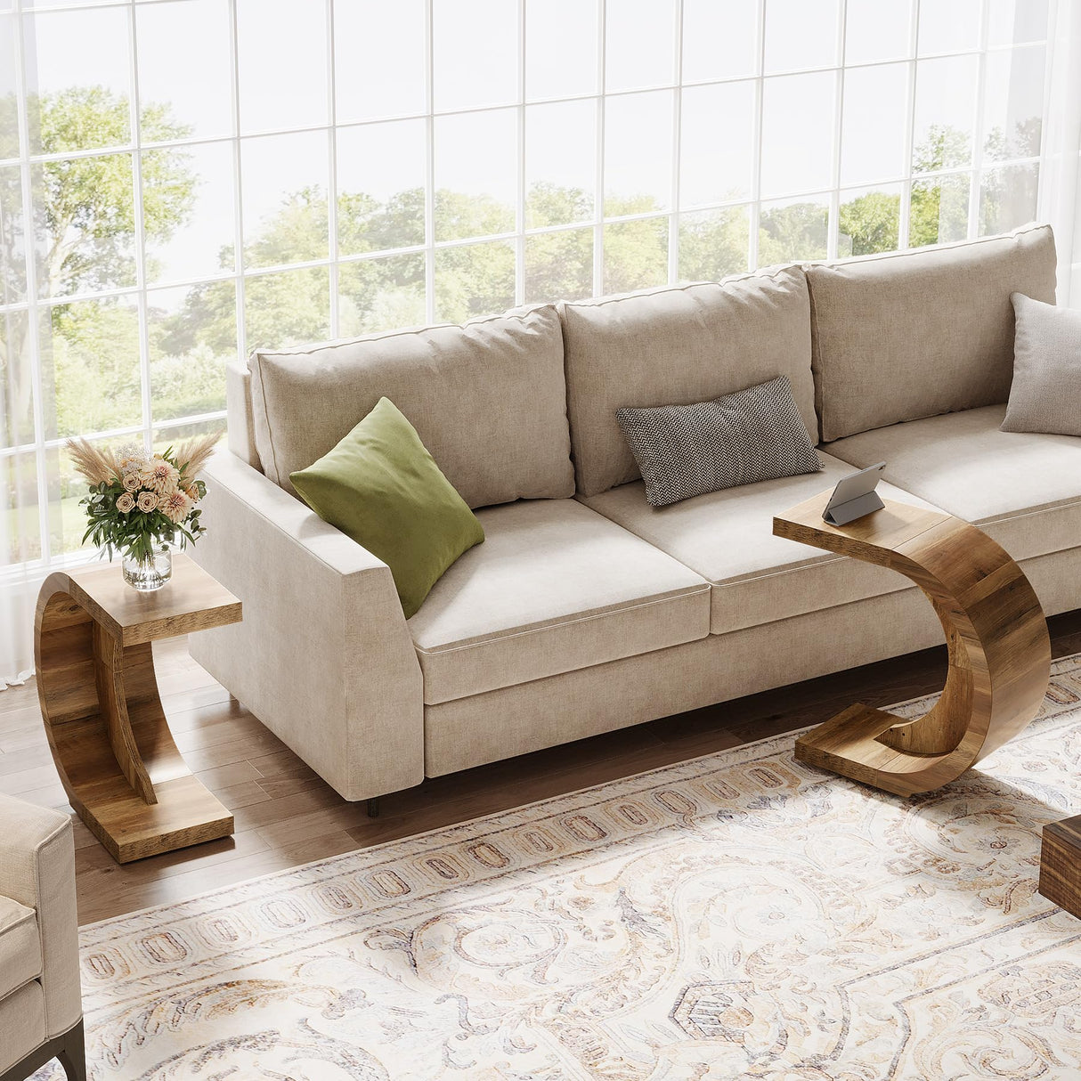 C-Shaped End Table, Wood Side Table for Couch Sofa Living Room Bedroom Small Space