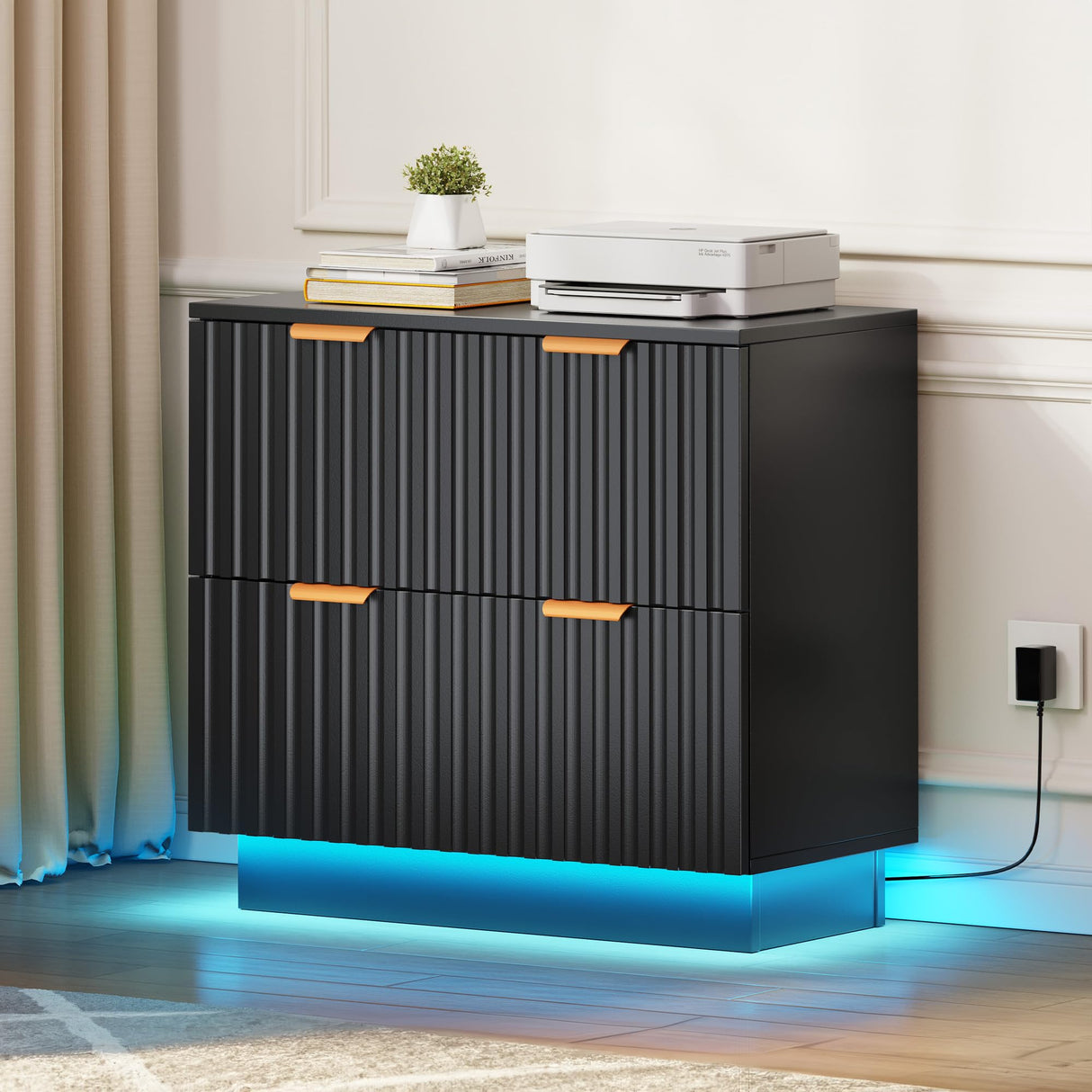 2 Drawer File Cabinet with Led Light, Modern Filing Cabinet