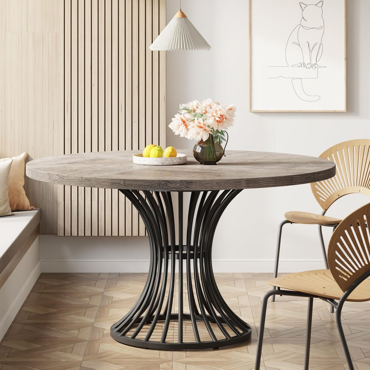 47-Inch Round Dining Table - Farmhouse Industrial Style with Metal Base