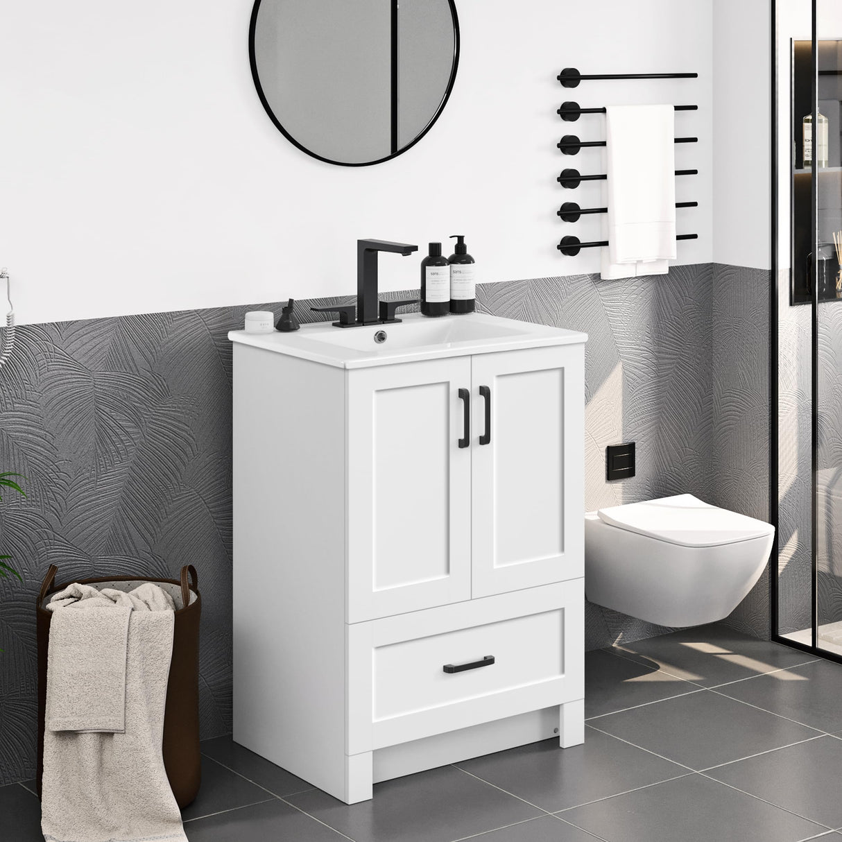 24.5" Modern Bathroom Vanity with Ceramic Basin, Undermount Bathroom Vanity Sink Cabinet