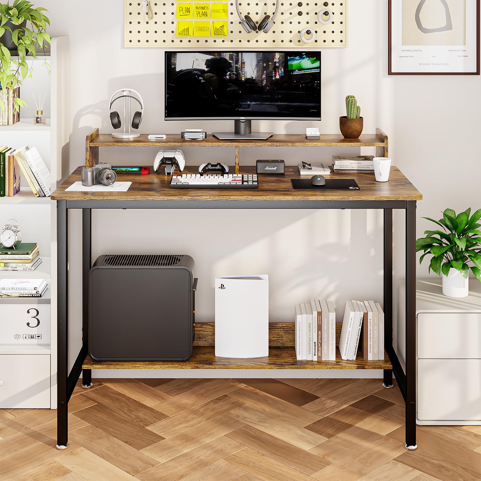 45" Home Office Desk with Monitor Stand, Can Place 2 Monitors