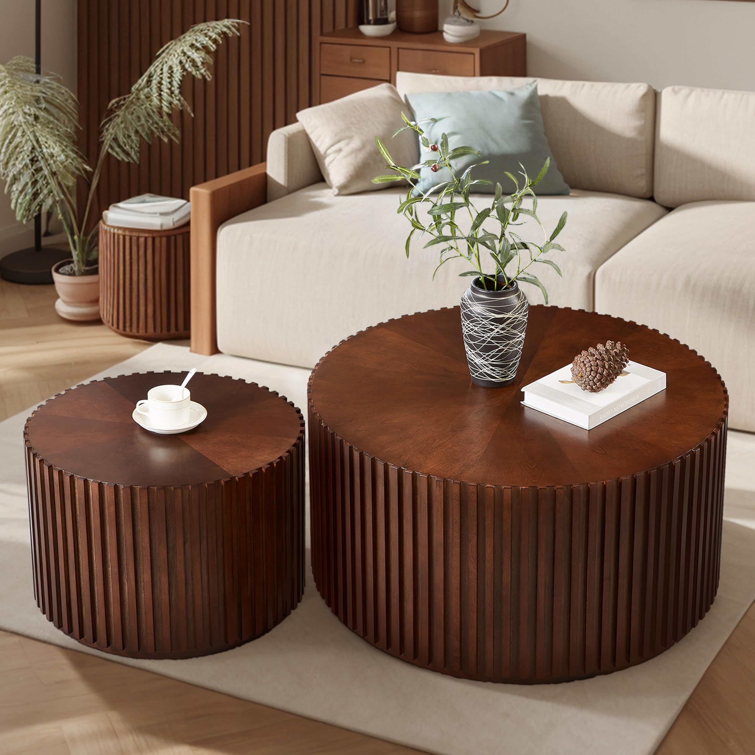 Round Wood Coffee Table Set of 2, Handcraft Drum Side Table End Table for Living Room