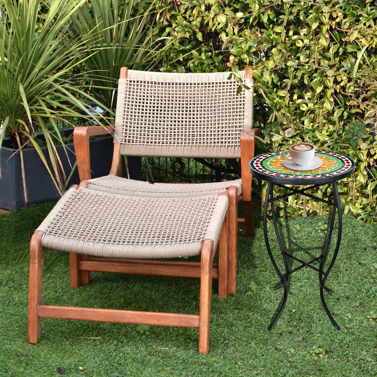 Mosaic Outdoor Side Table, 14" Round Folding Plant Stand for Patio Garden Backyard