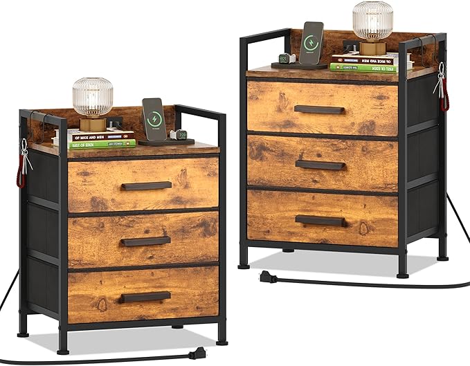 Set of 2 Side Table with Fabric Drawers, End Table