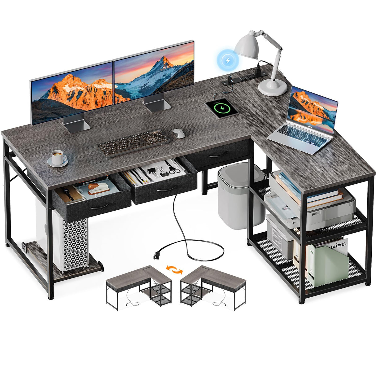 Inch L Shaped Computer Desk with Drawers, Corner Desk with Power Outlets & Reversible Storage Shelves, Movable CPU Stand for Home Office Gaming, Oak Grey
