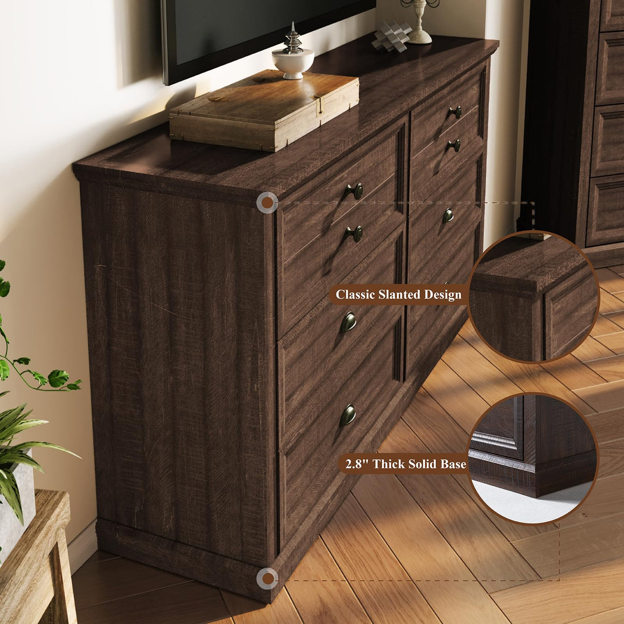 58”W Farmhouse 6 Drawer Dresser for Bedroom, Natural Wood Texture Chest Dresser