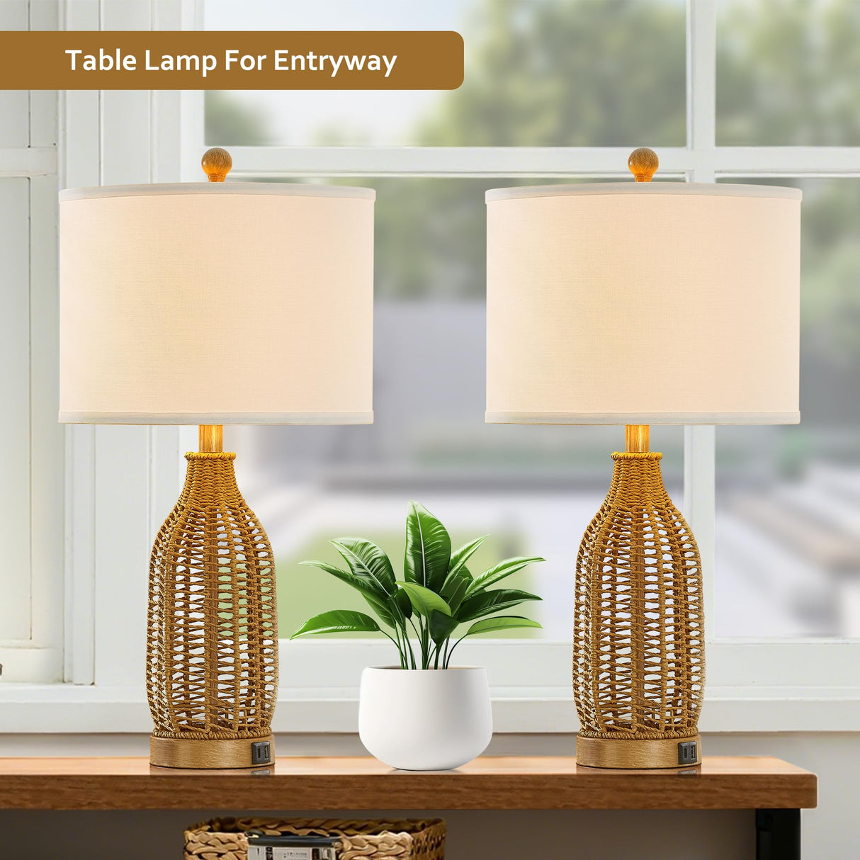 24.5" Rattan Table Lamps Set of 2 with USB Charging Ports