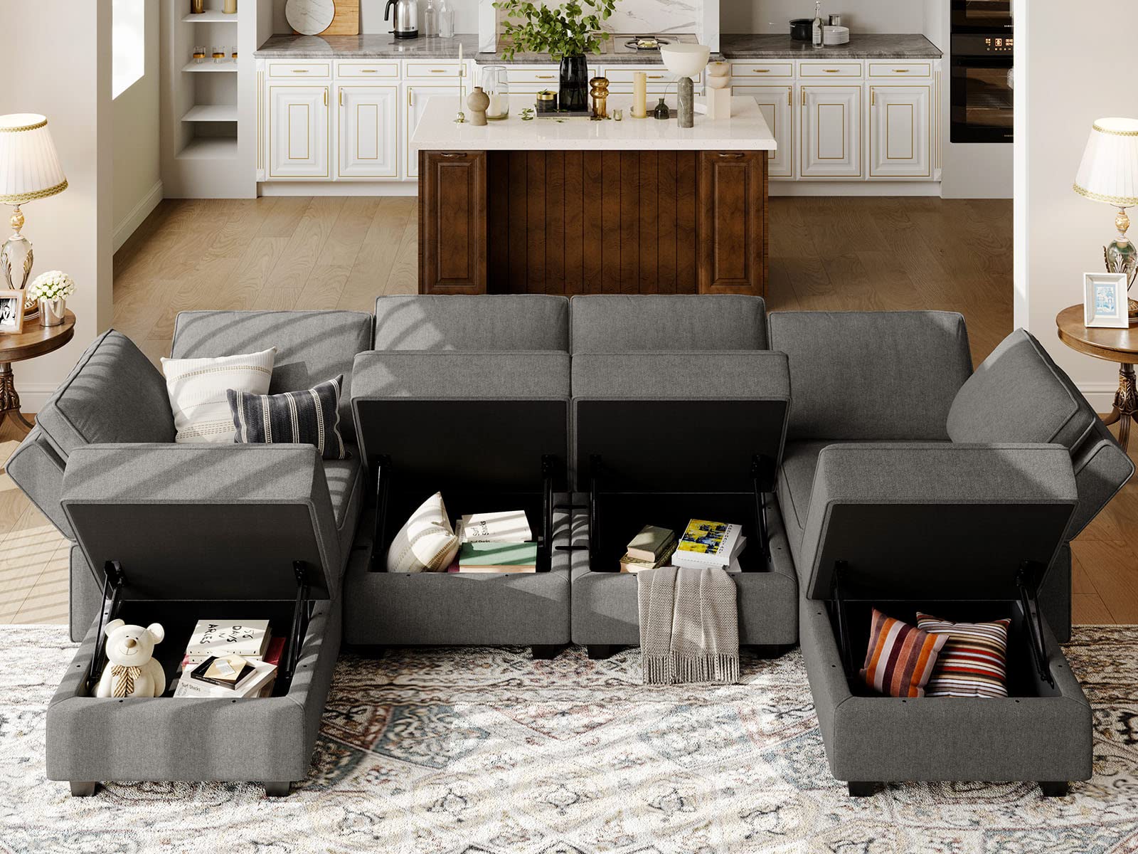 Shaped Sofa Modular Couch Reversible Storage Ottoman 6 Seater Sofa