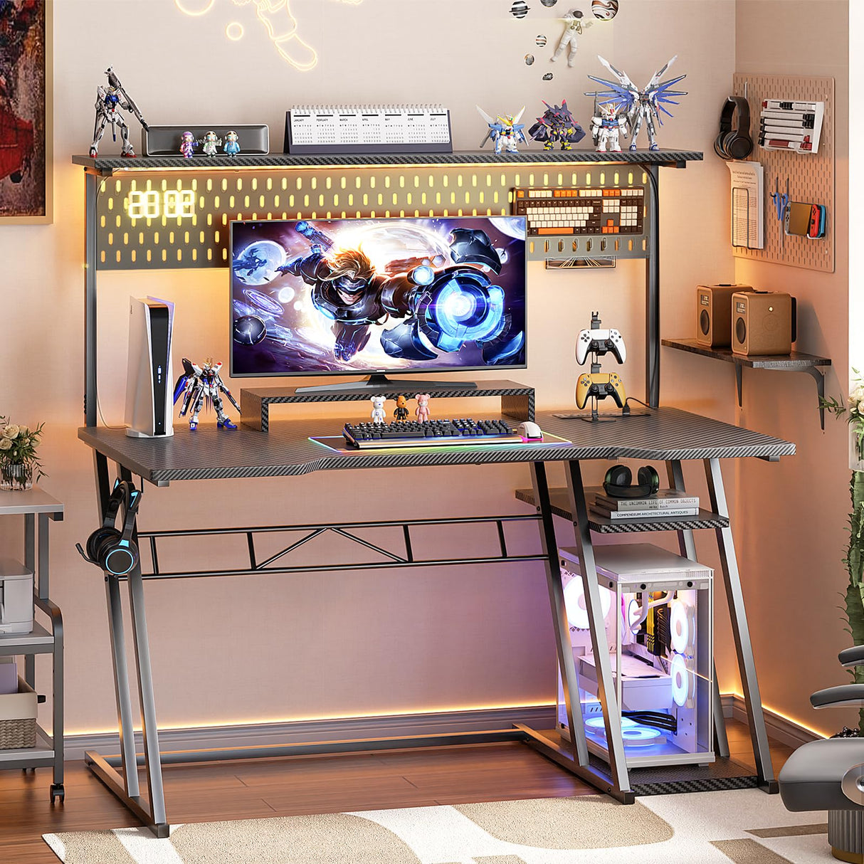 Gaming Computer Desk with Shelves and Outlets, Gaming Desk with Hutch and LED Lights