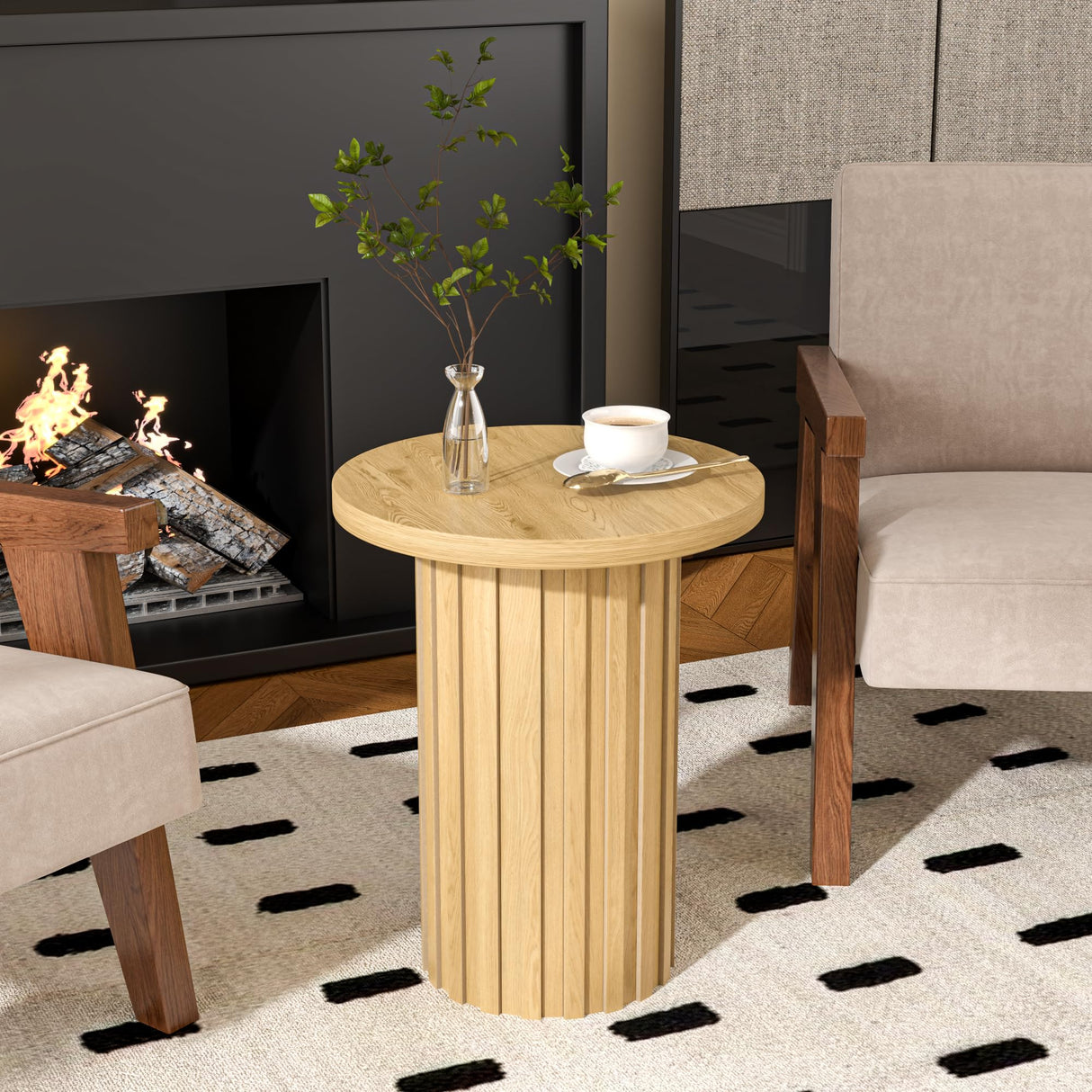 Farmhouse Pedestal End Table Round Side Table with Fluted Panel Rustic Drink Table