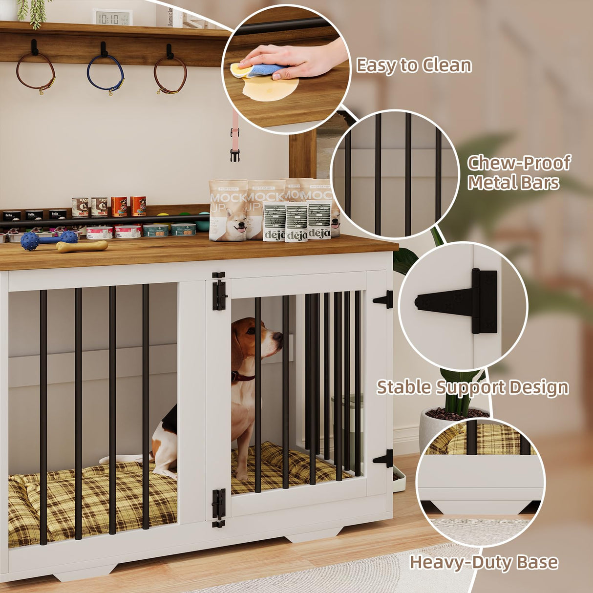 White Wooden Dog Crate Furniture with Storage Shelf & 4 Hooks