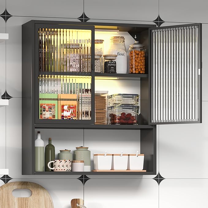 Kitchen Storage Cabinets,Black Storage Cabinet with Glass Doors and Shelves