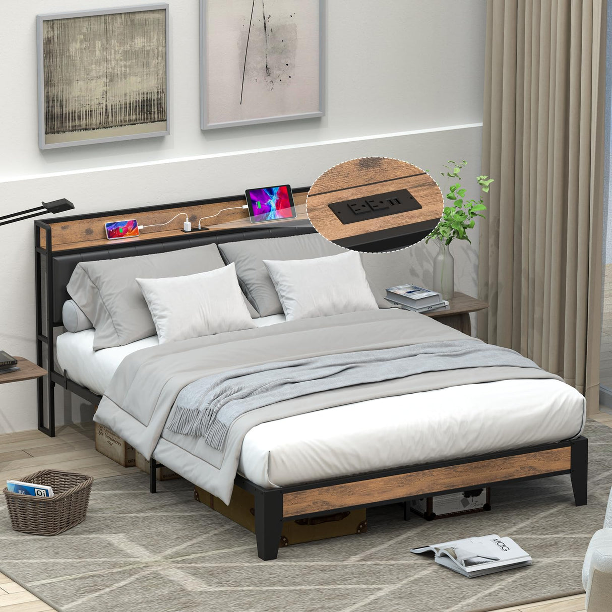 Bed Frame with Storage Headboard, Built-in Charging Station, Easy Assembly, Noise Free,