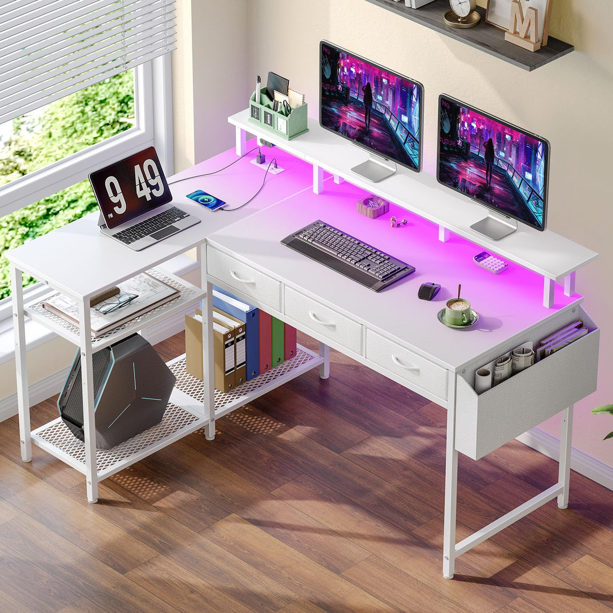 L Shaped Desk with Storage Drawers, 47 inch Gaming Desk with Shelves
