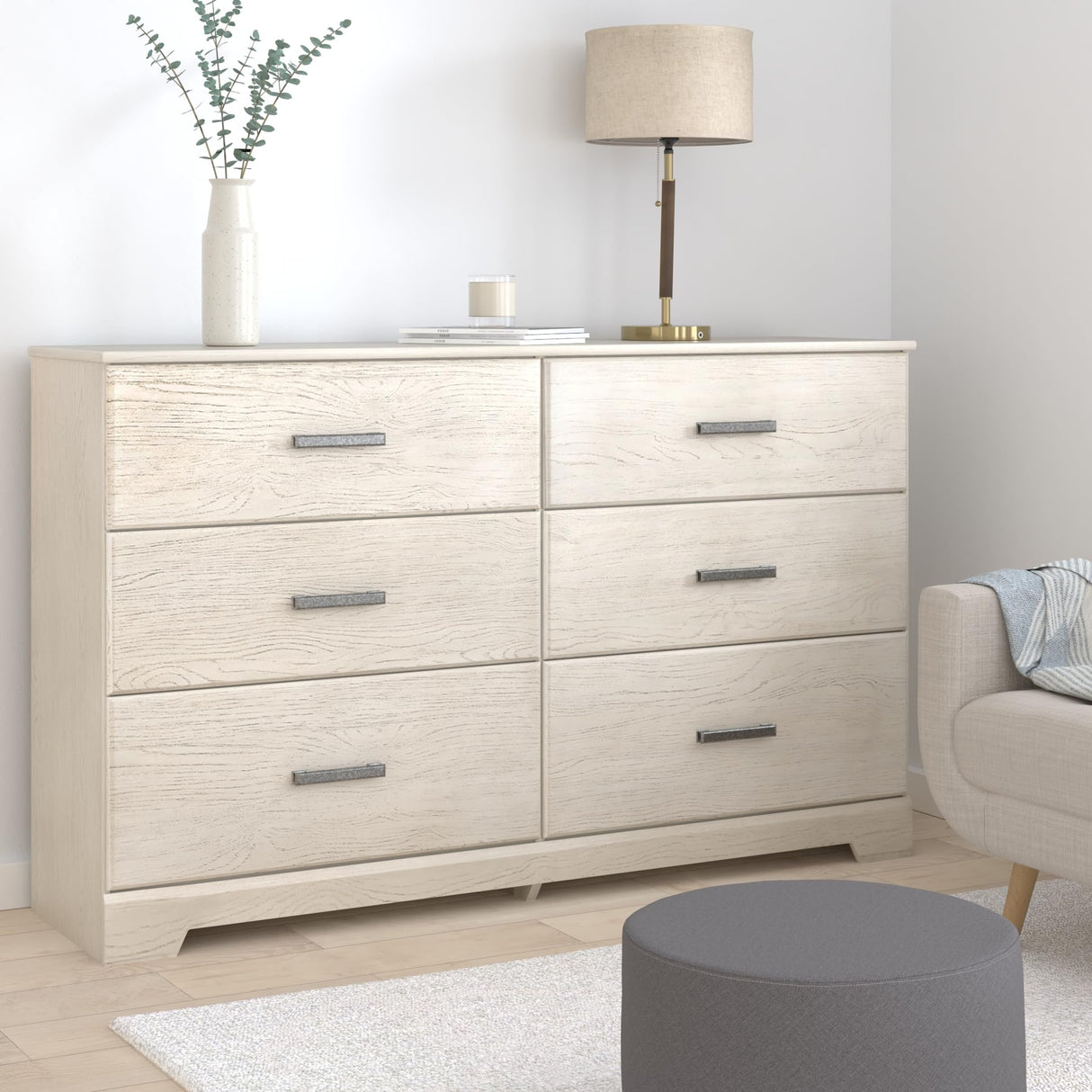 Stelsie Modern Scandinavian 6 Drawer Dresser, Whitewash