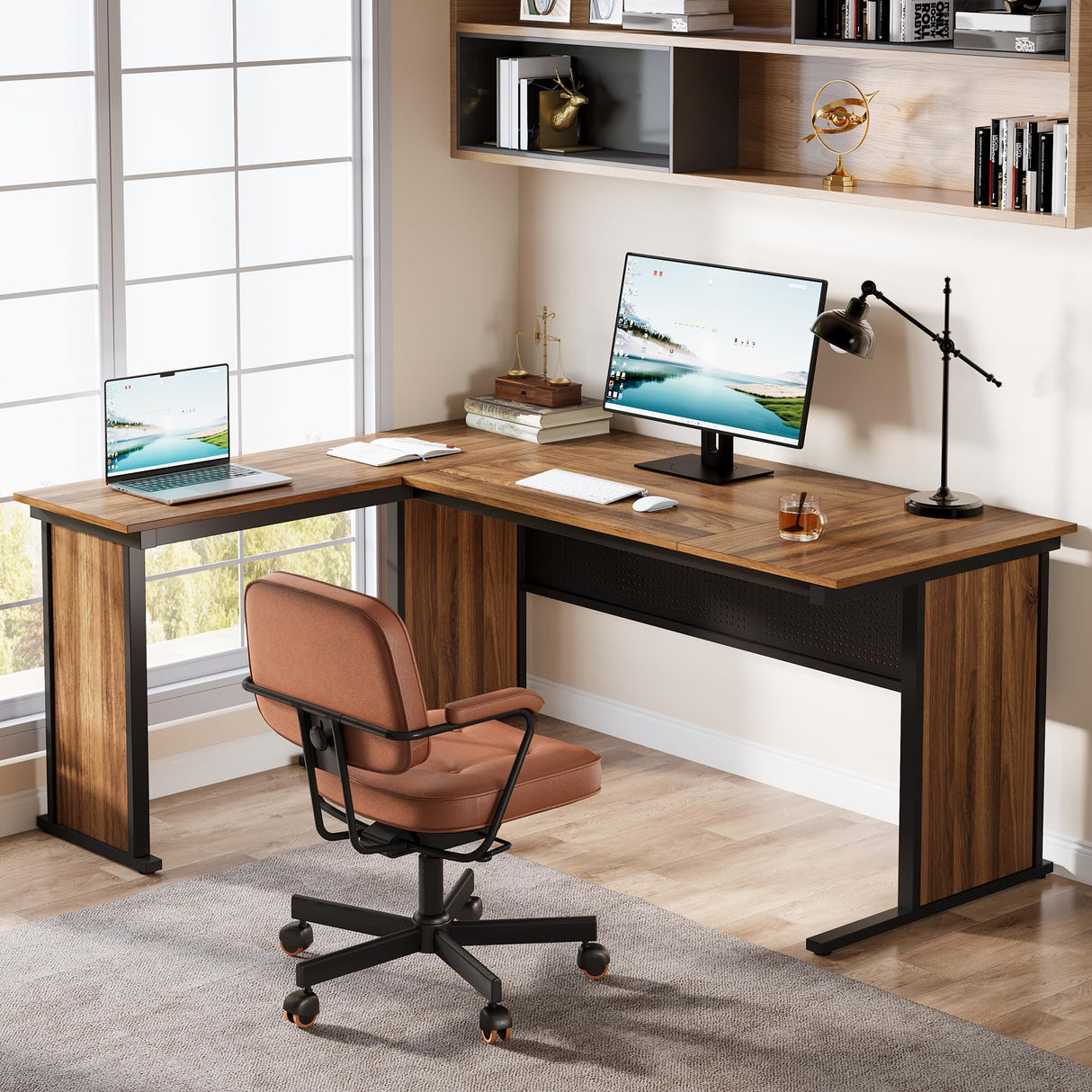 63" L-Shaped Executive Desk, Large Office Desk with Front Baffle, Modern Computer Desk Workstation Business Furniture for Home Office, Walnut & Black