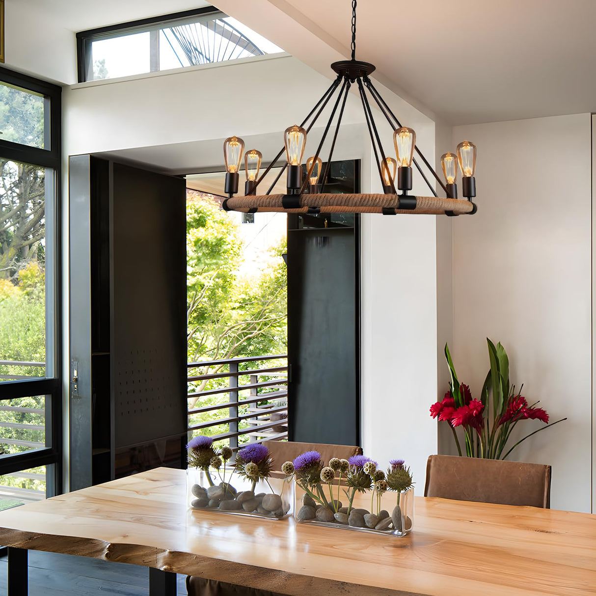 8-Light Wagon Wheel Chandelier, 83.6" Height Adjustable Hemp Rope Farmhouse Chandelier