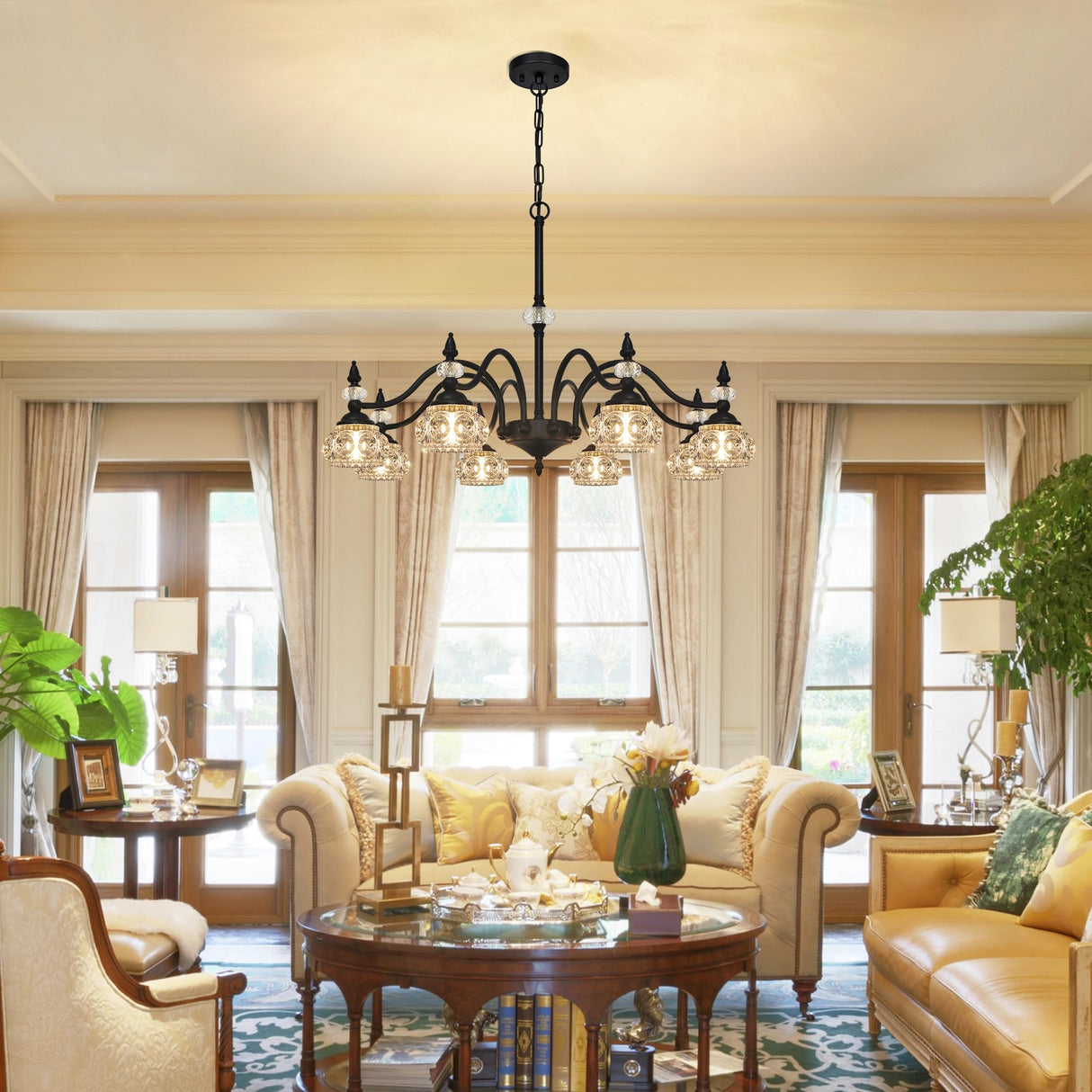 8-Light Chandeliers Light Fixture Modern Black Crystal Glass Shade Pendant Lighting