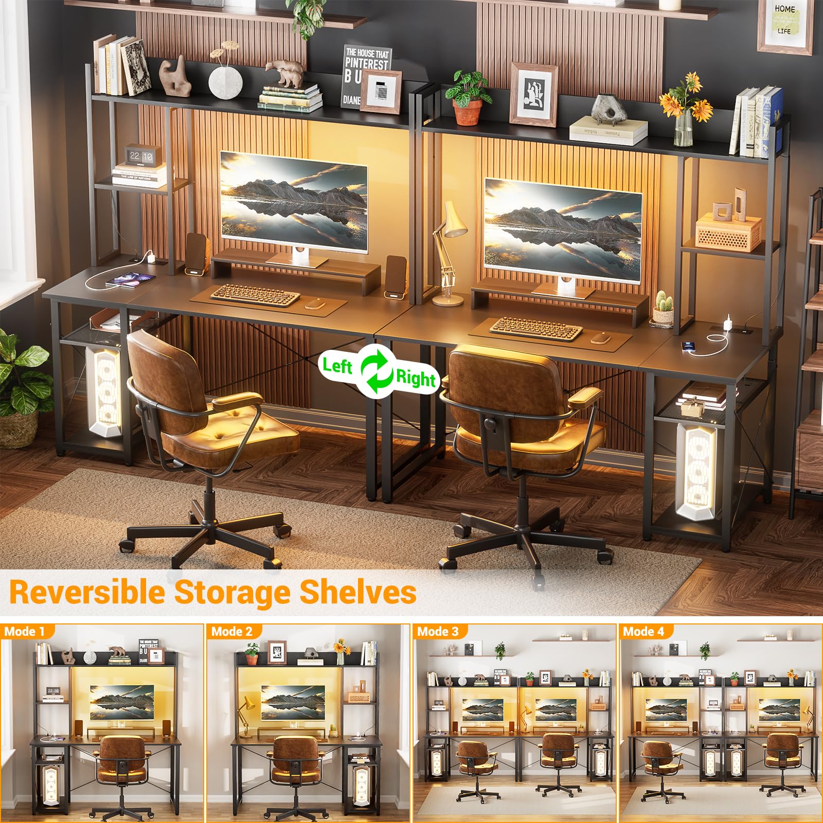 Gaming Desk with Hutch, 47'' Computer Desk with LED Lights & Power Outlets,