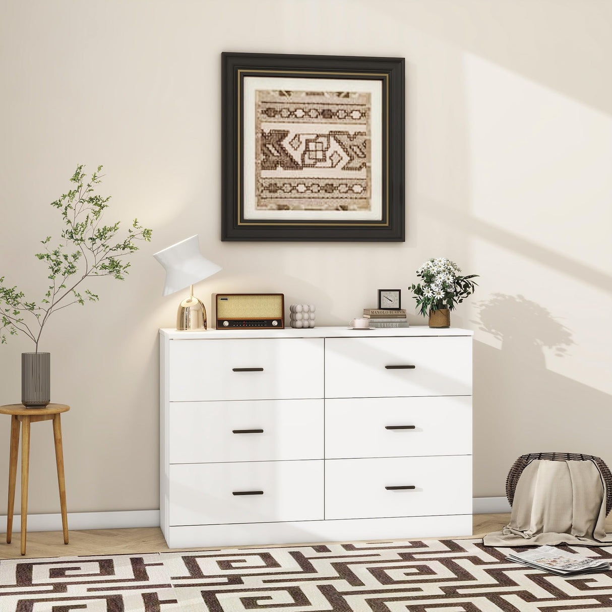 Modern 6 Drawer Dresser for Bedroom, Wood Wide Chest of Drawers