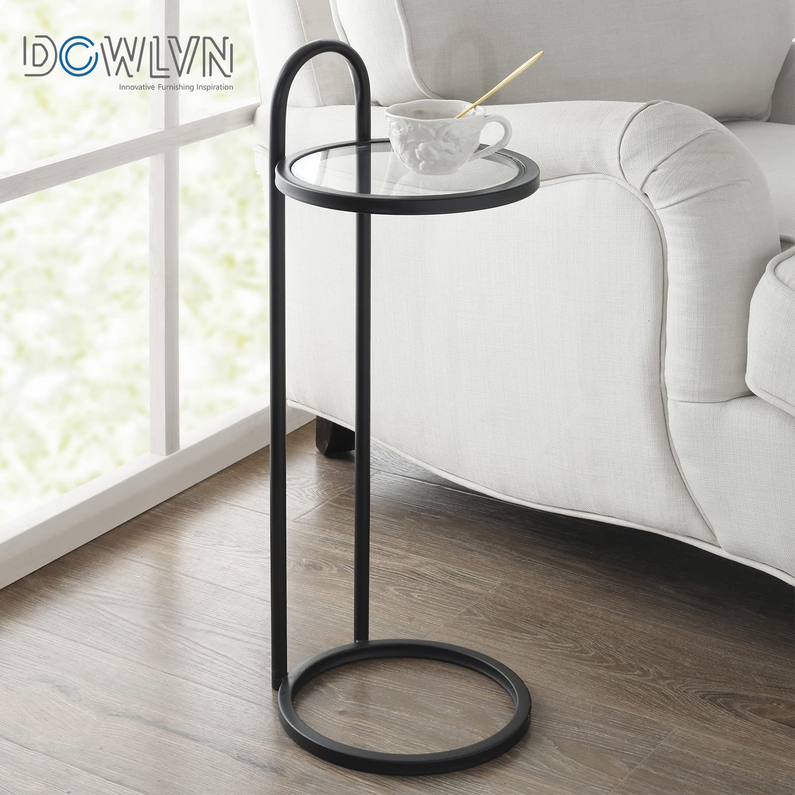 Black Glass Small Drink Snack Accent Martini Table, C Shaped Side End Table