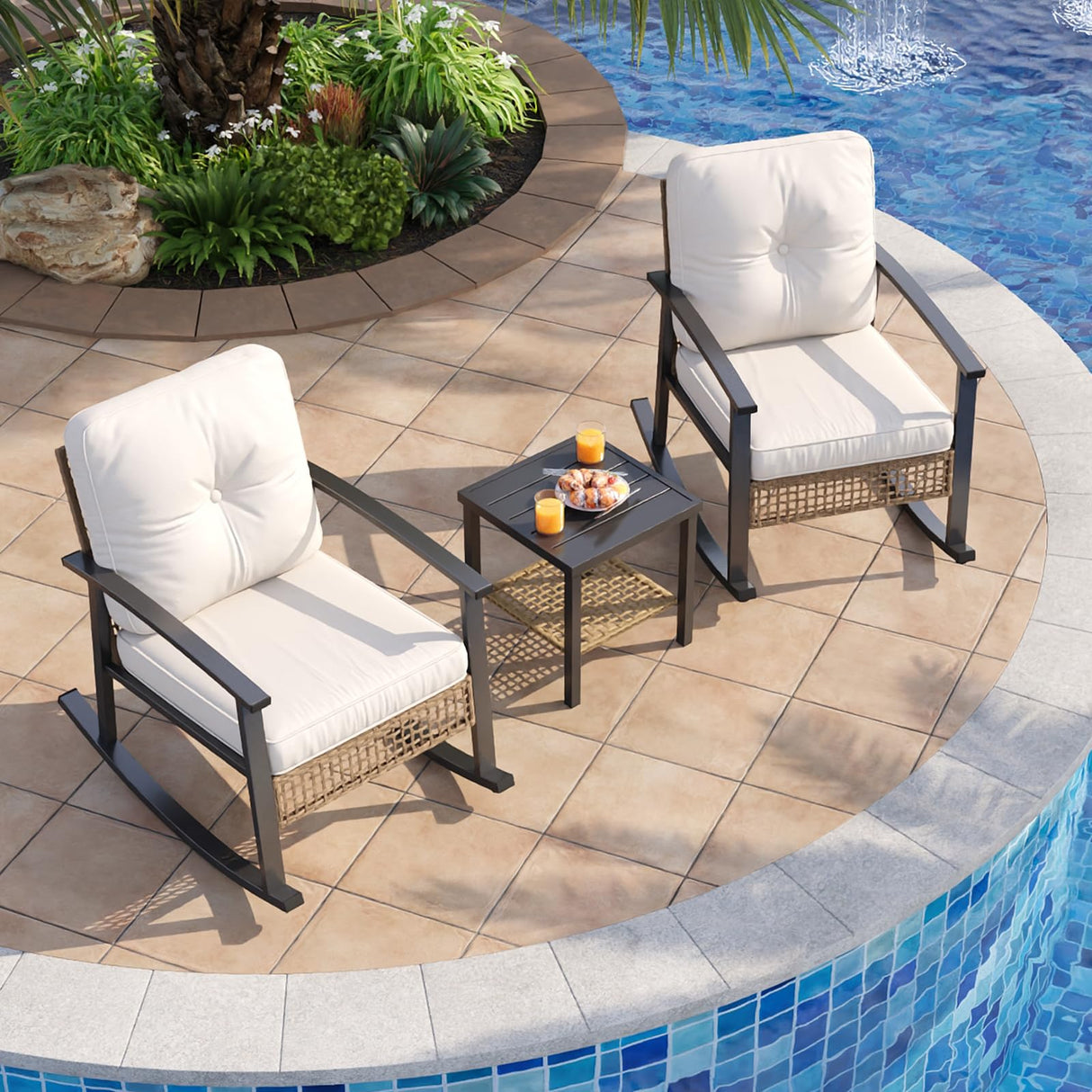 3-Piece Outdoor Rocking Bistro Set with Coffee Table and Cushioned Wicker Chairs