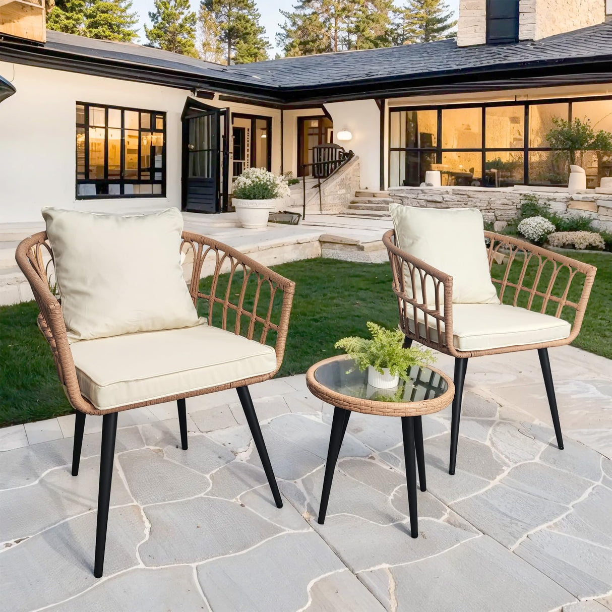 3 Piece Patio Bistro Set,Outdoor Rattan Furniture,All-Weather Patio Furniture Set