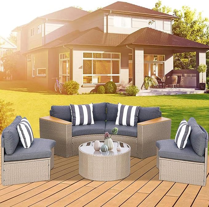 Outdoor Half Moon Patio Furniture 5-Piece Curved Outdoor Sofa, All-Weather Outdoor