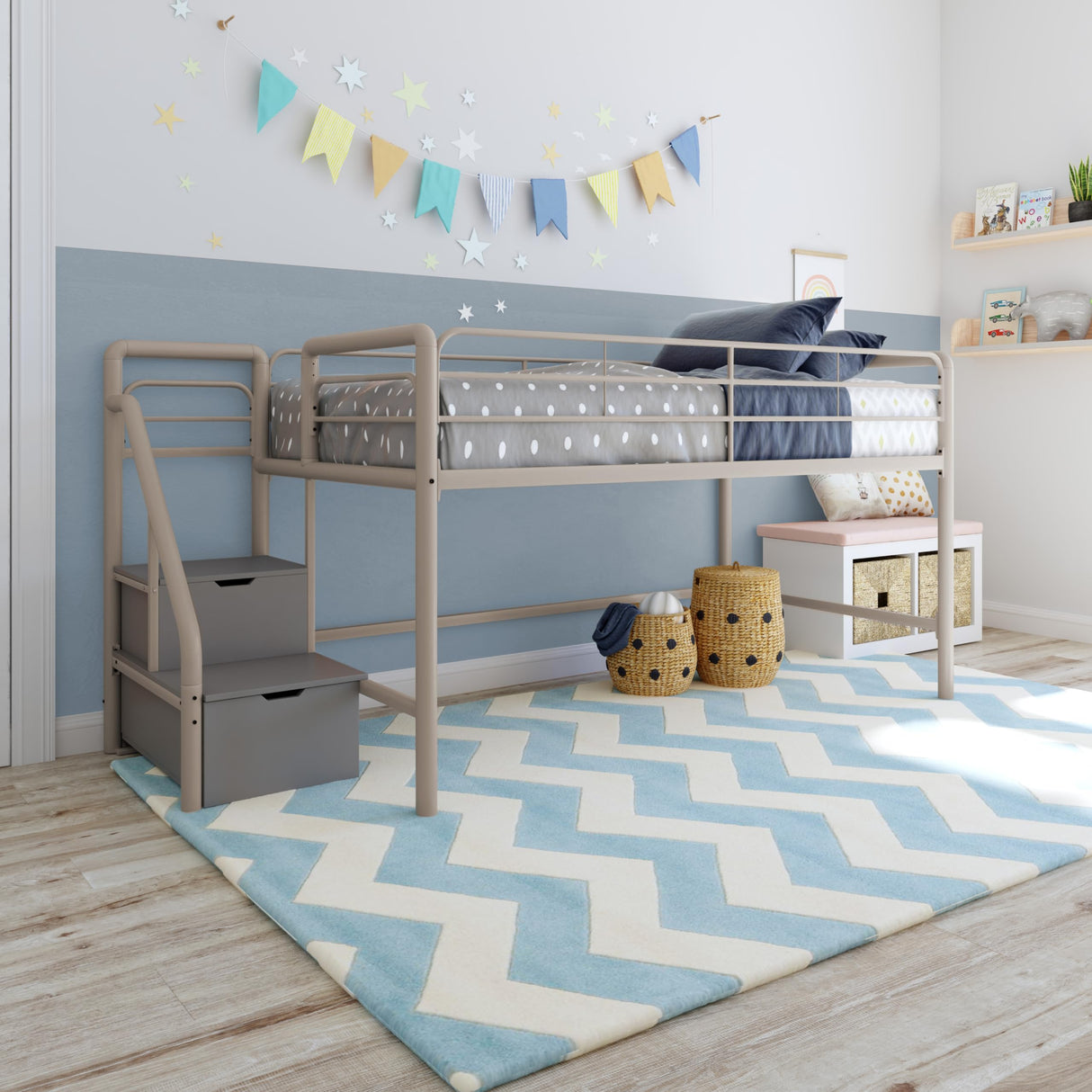 Junior Twin Metal Loft Bed with Storage Steps