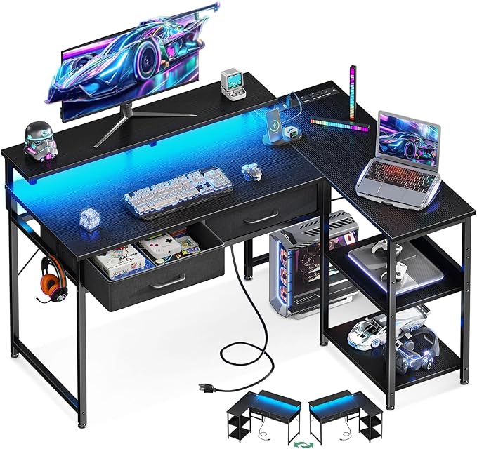 40 Inch L Shaped Gaming Desk with 2 Drawers & Storage Shelves, Computer Desk