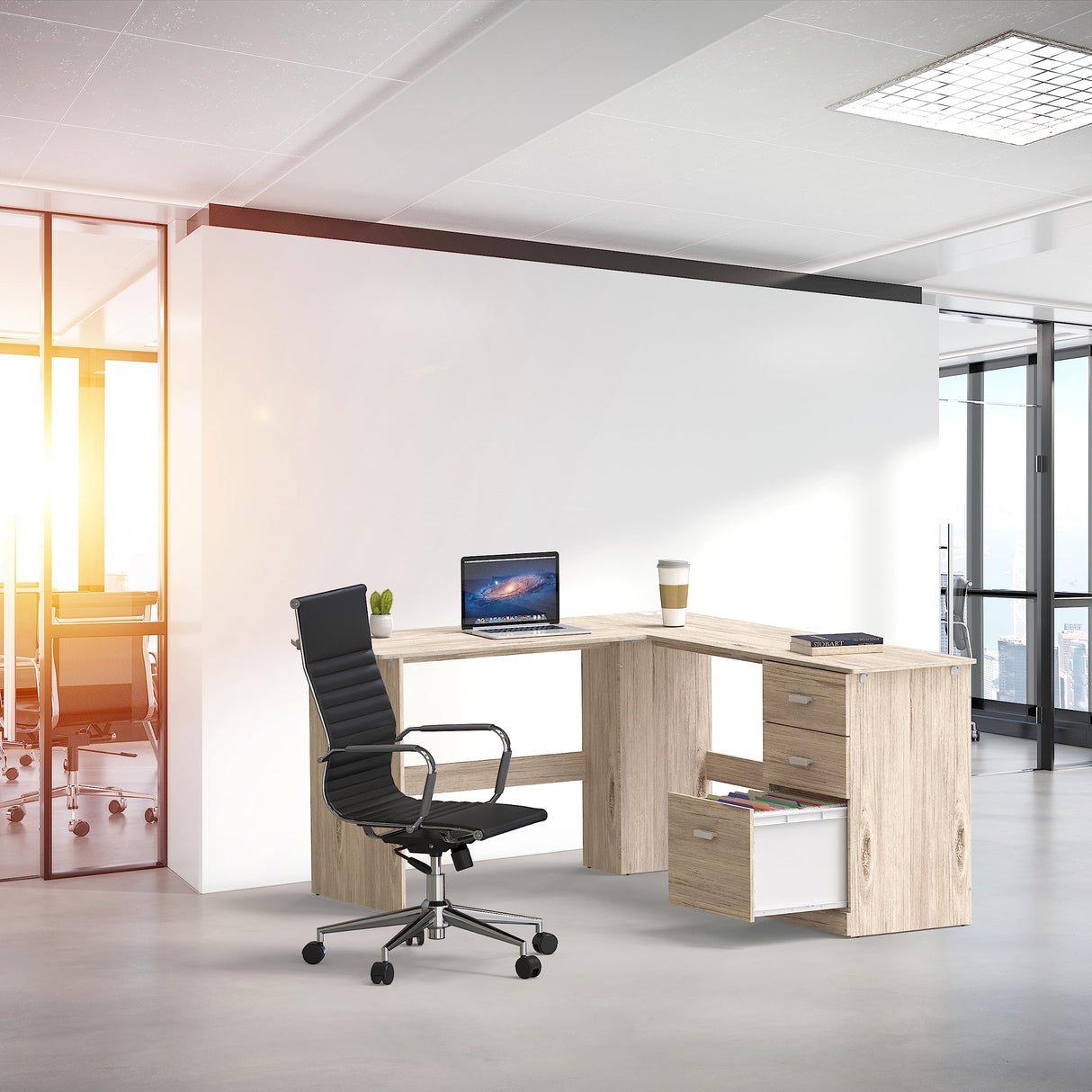 Shaped Home Office Wood Corner Desk with 3 Drawers, Maple