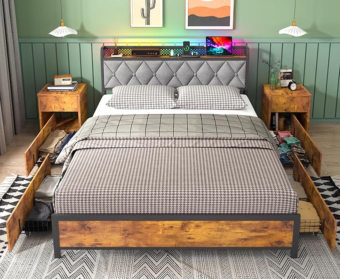 Full Size Bed Frame with Headboard & 4 Drawers