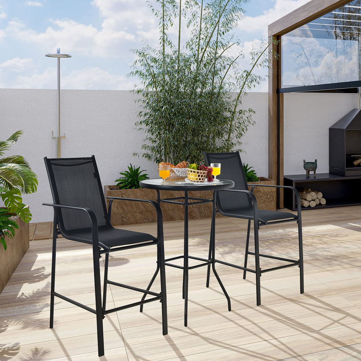 3-Piece Patio Bar Set Outdoor High Top Bistro Set with 2 Bar Stools and 1 Tempered Glass Top Table