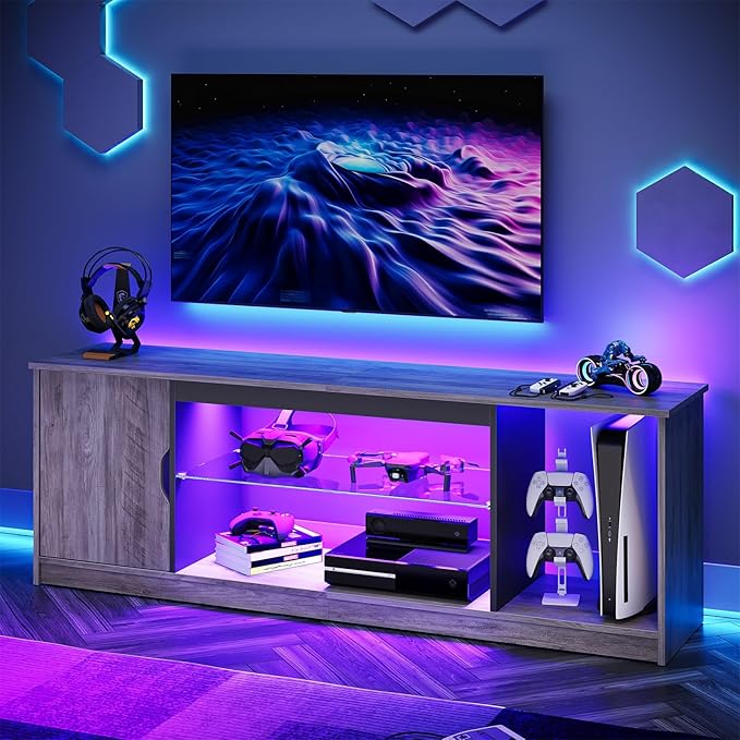 LED TV Stand for PS5,Modern Gaming Entertainment Center with Cabinet for 60/65 Inch TV