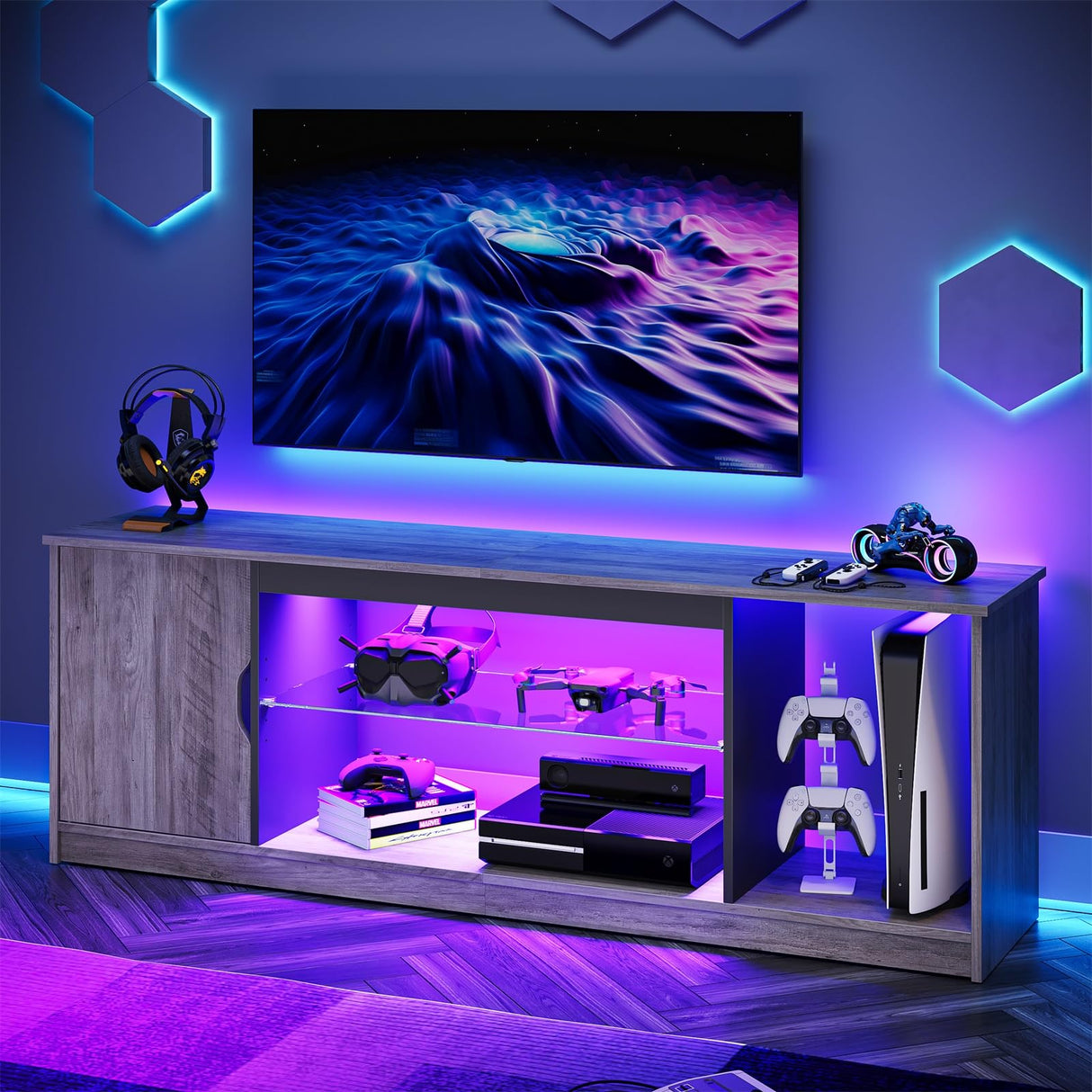 LED TV Stand for PS5,Modern Gaming Entertainment Center with Cabinet for 60/65 Inch TV