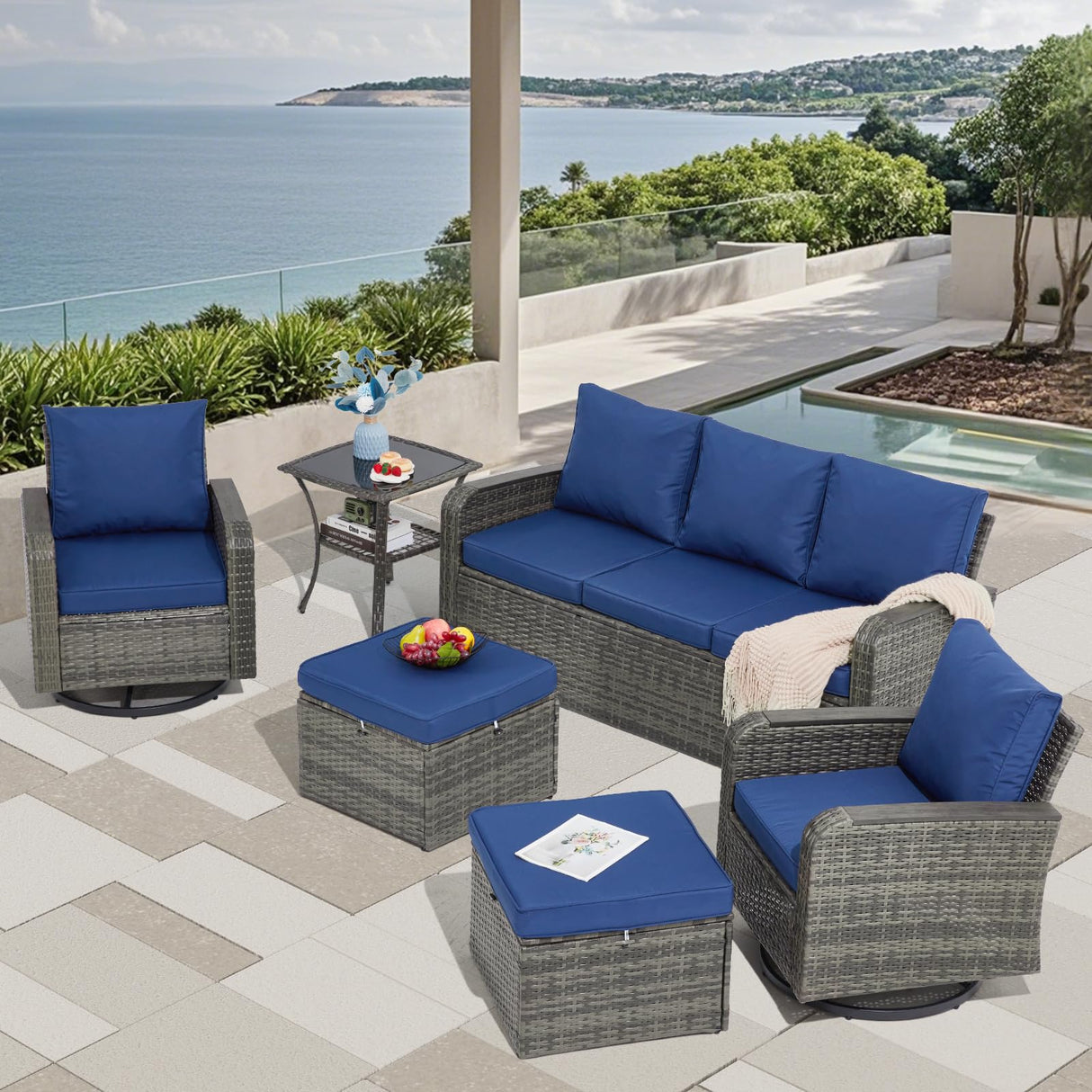 6 Pieces Wicker Patio Furniture Sets, Outdoor Conversation Set PE Rattan Sectional Sofa
