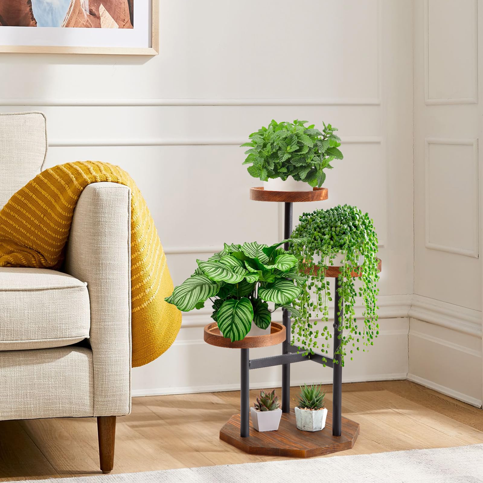 TEAKMAMA 3 Tier Plant Stand Tall Metal Wood Plant Shelf Holder for Indoor with Raised Design for Multiple Plants Outdoor Garden Plant Decor for Patio Garden Corner Living Room Balcony Bedroom