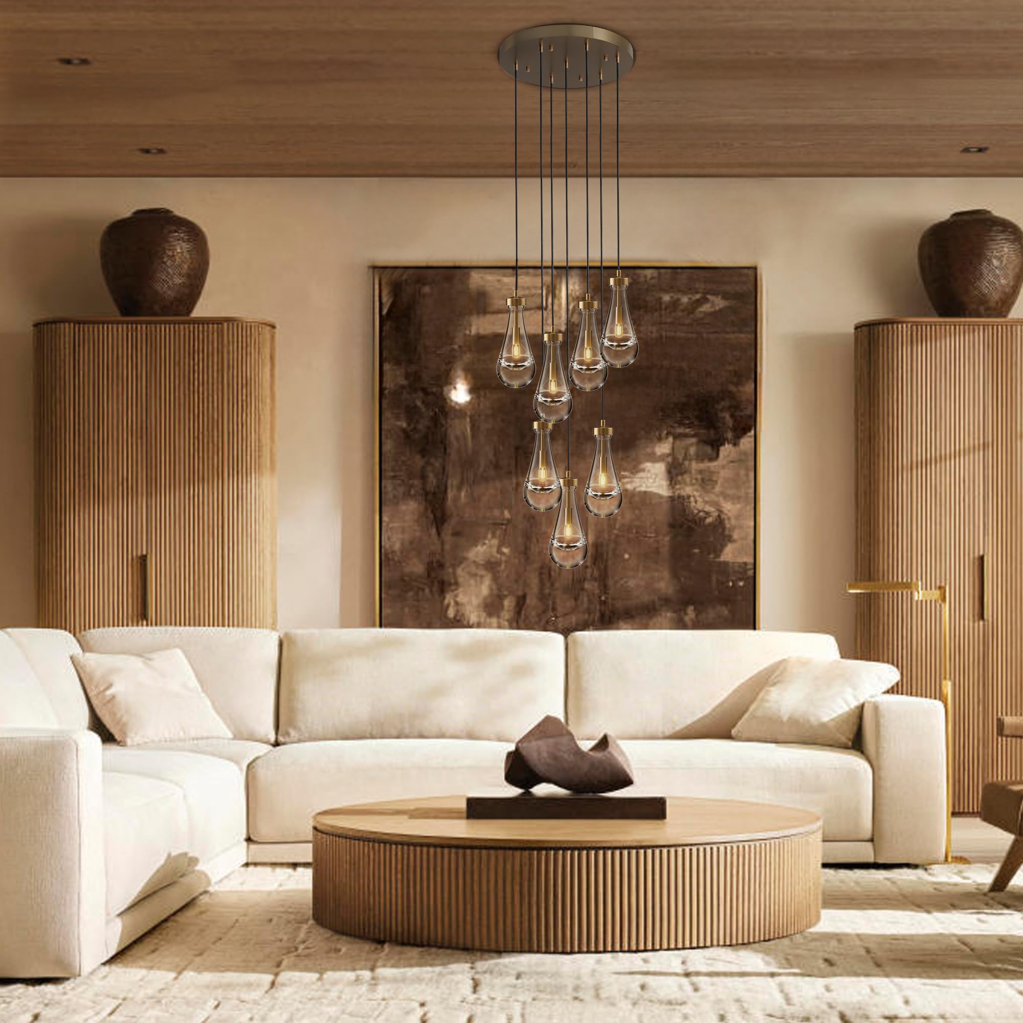 YUEXPAND H100'' High Ceiling Chandelier for Entryway,Modern Raindrop Chandeliers for Living Room,Brass 7 Light Adjustable Rope Teardrop Pendant Lights Kitchen Island for Hallway/Staircase