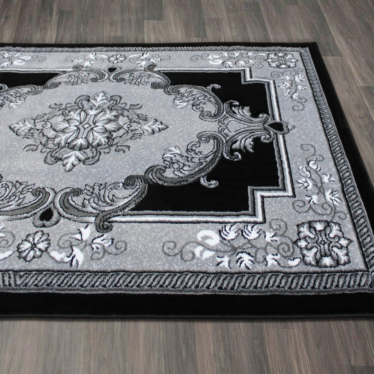 Traditional Hand-Carved Area Rug 5x7 - Black & Grey Floral Medallion