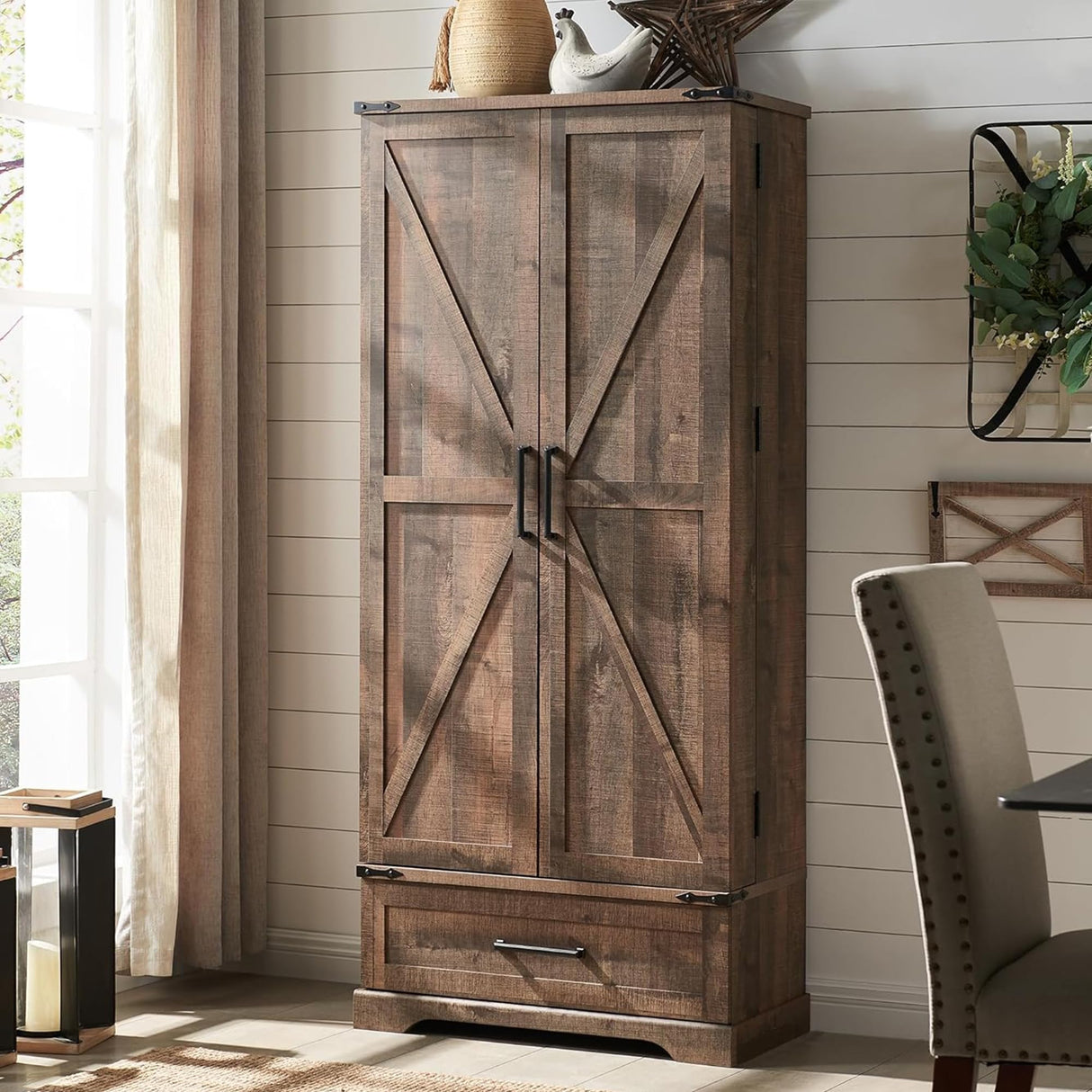 " Farmhouse Kitchen Pantry Cabinet with Drawer, Tall Storage Cabinet with 2 Barn Doors