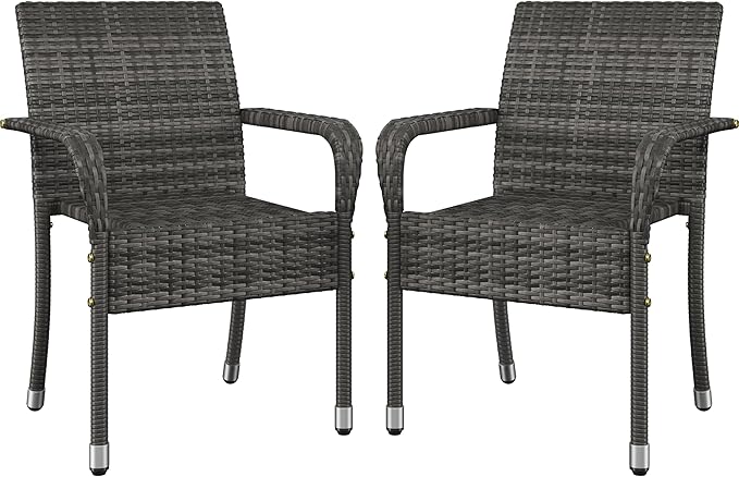 Set of 2 Stackable Outdoor Rattan Dining Chairs, All-Weather Armchair w/Armrests