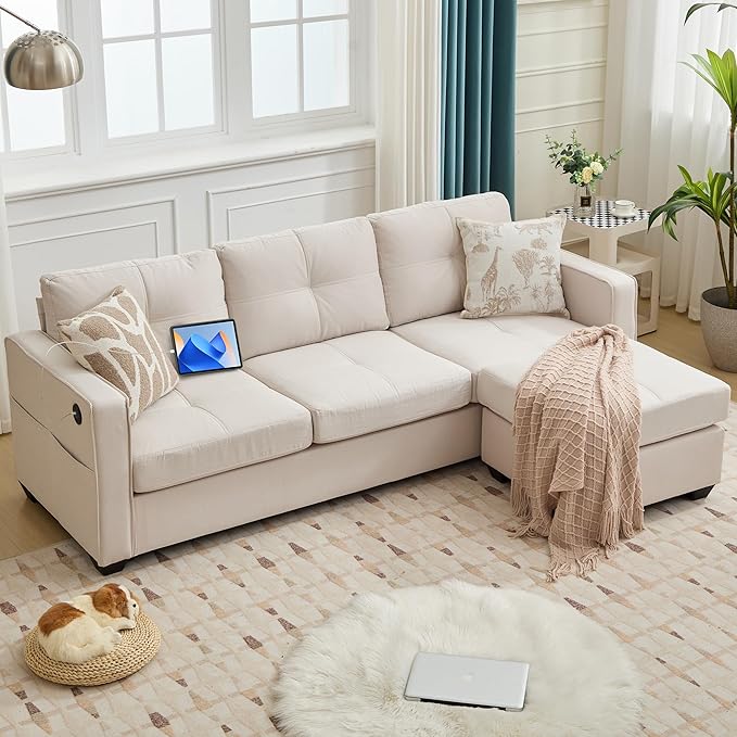 65" W Morden Linen Fabric Sofa Couch w/ 2 USB Charging Ports and Wide Arms