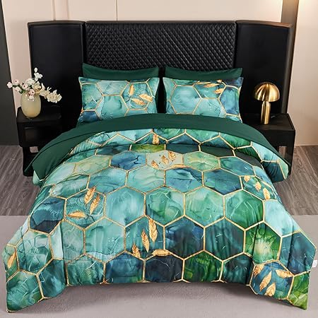 Turquoise Gold Hexagon Queen Comforter Set